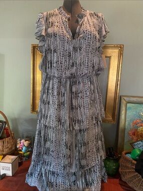 1.State - Women’s grey and black snake pattern party dress with a tiered skirt